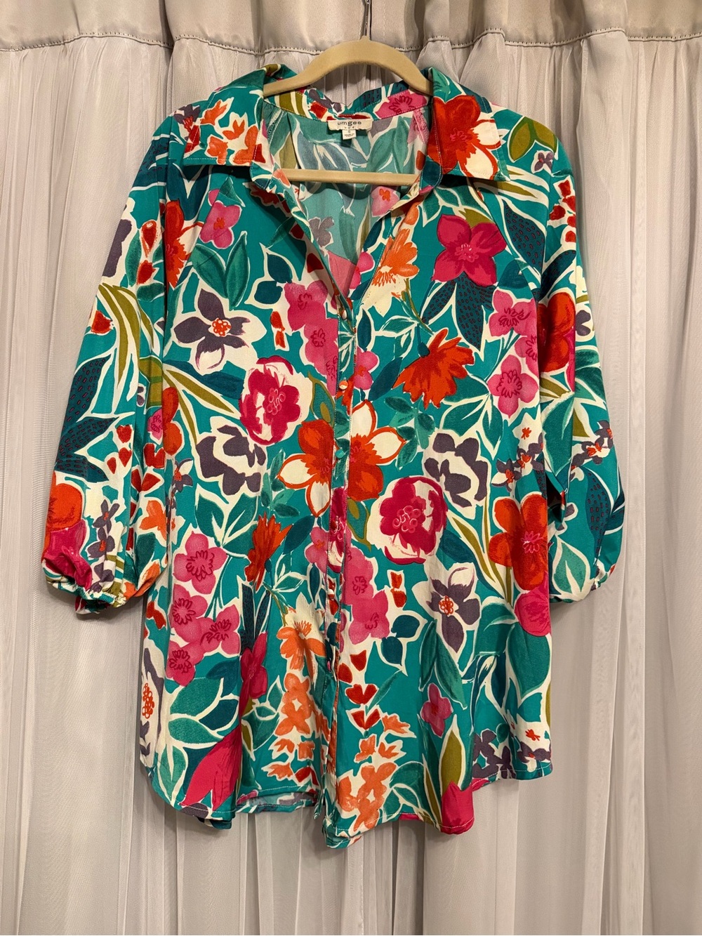 Umgee Teal Floral Button-Up Blouse with Pink, Orange & White Blooms